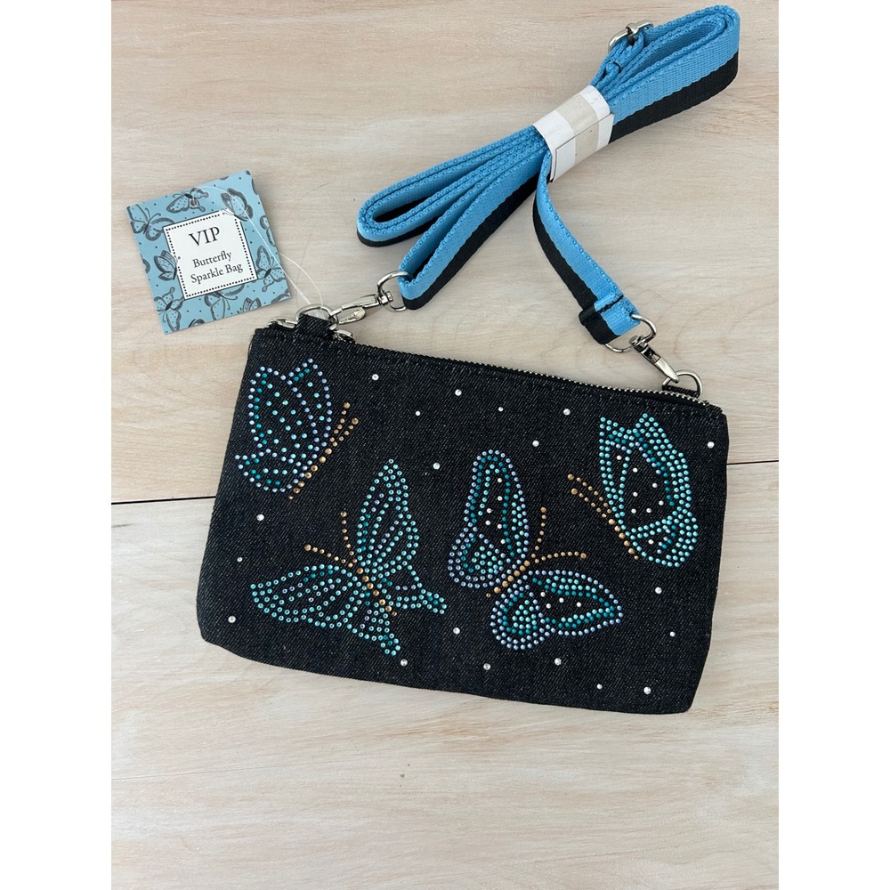 Brighton VIP NWT Butterfly Sparkle Bag Denim Rhinestone Crossbody Clutch New